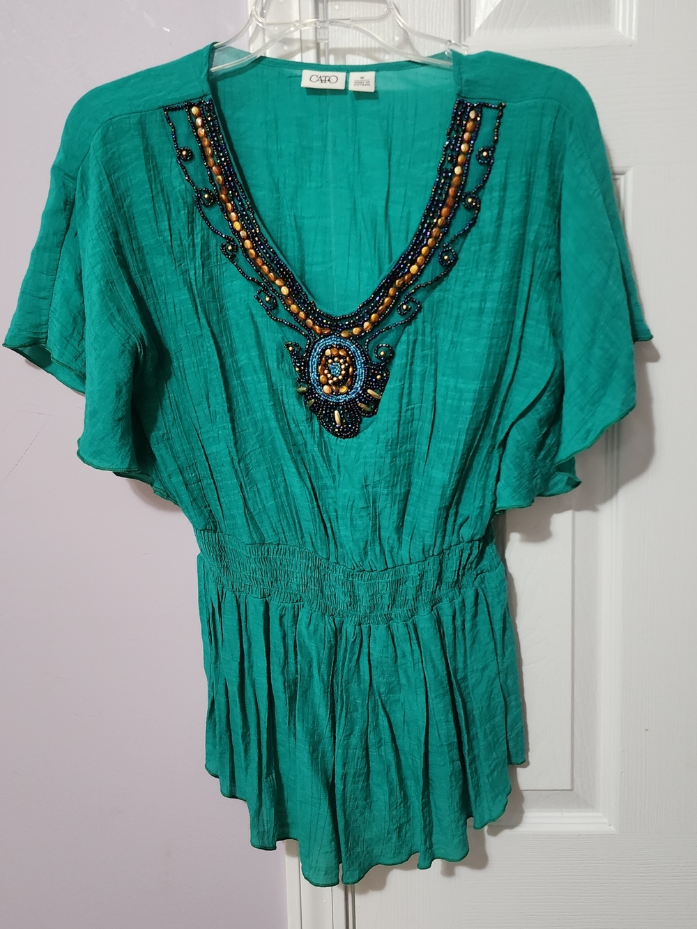 Cato Teal Beaded V-Neck Peasant Top
